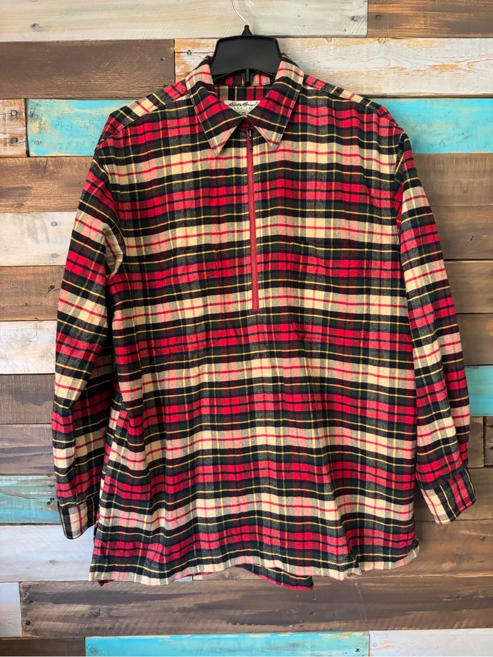 Vintage 90s Eddie Bauer Plaid Flannel Half Zip Pullover Shirt Red Black | Size L